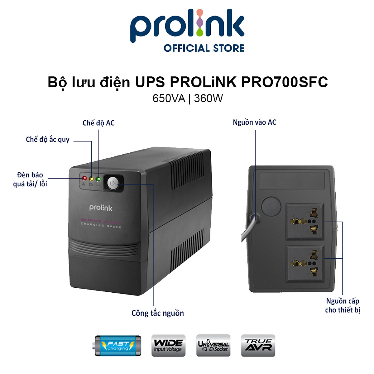 Bộ nguồn cấp điện liên tục UPS PROLINK 650VA (PRO700SFC) Công suất 360W, công nghệ Line Interactive tích hợp bộ AVR, sạc siêu nhanh - Hàng chính hãng