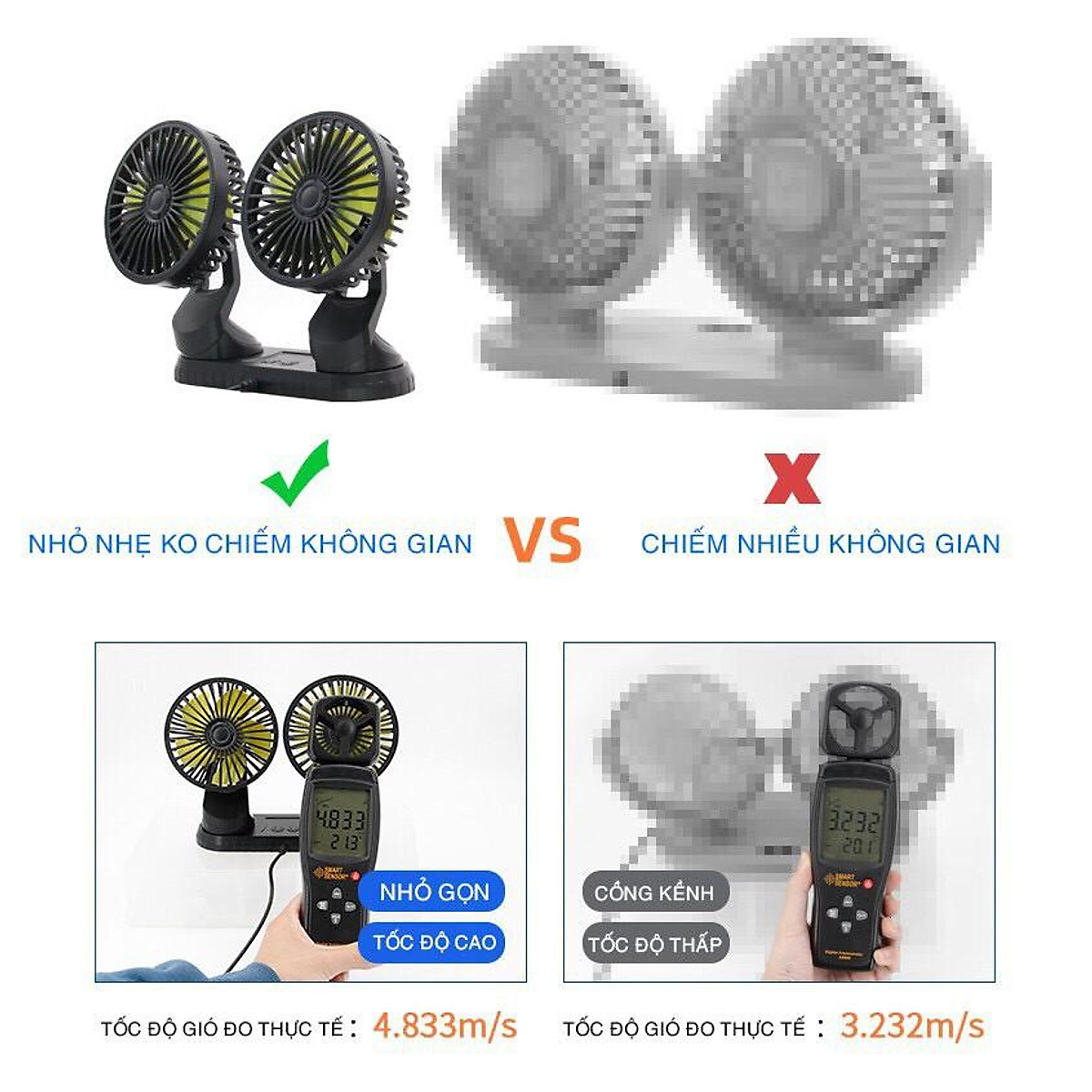 QUẠT ĐÔI MINI Ô TÔ - QUẠT MÁT, ÊM, XOAY 360 ĐỘ/TÍCH HỢP 3 CHẾ ĐỘ QUẠT MÁT CÔNG SUẤT 12W