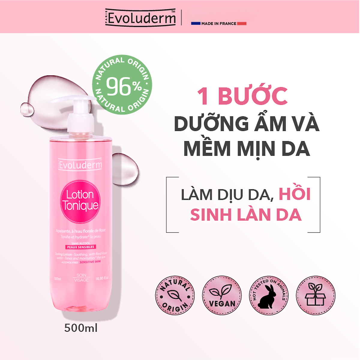Nước hoa hồng dưỡng ẩm và làm sạch cho da nhạy cảm Evoluderm Lotion Tonique 500ml