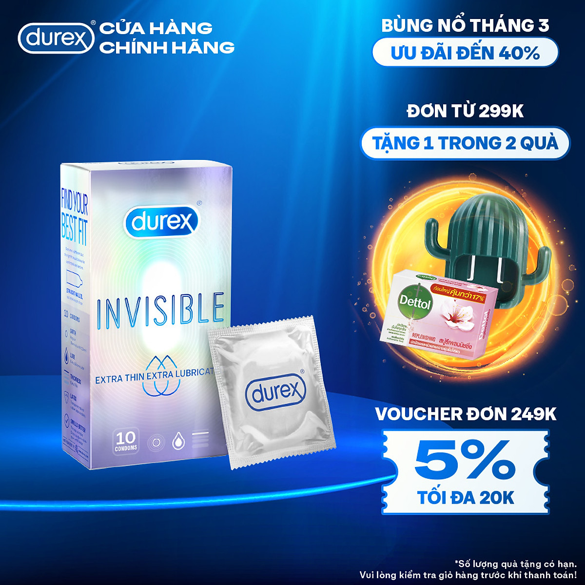 Bao cao su Durex Invisible Extra Thin Extra Lubricated 1 Hộp 10 Bao