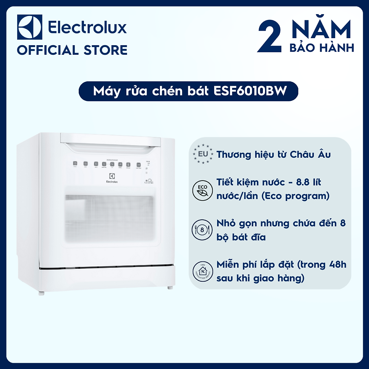 [Miễn phí giao hàng toàn quốc] [Miễn phí lắp đặt] Máy rửa chén bát Electrolux ESF6010BW - 8 bộ chén dĩa