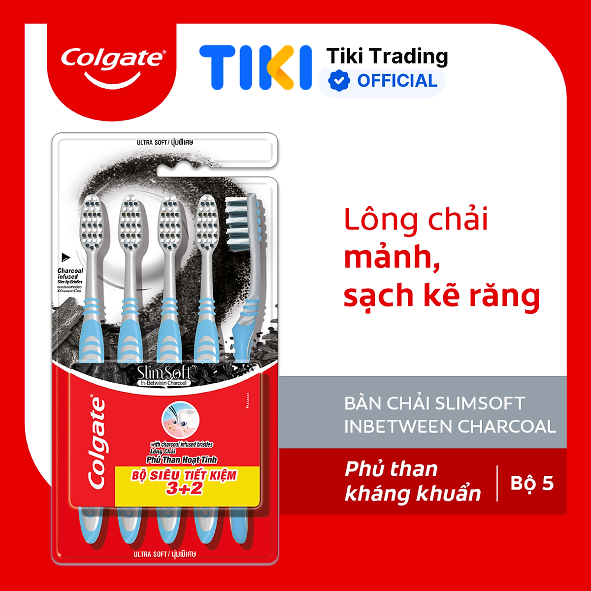 Bộ 5 Bàn chải Colgate Slimsoft Between Charcoal lông chải mềm mảnh xen sợi phủ than hoạt tính (Màu Ngẫu Nhiên)