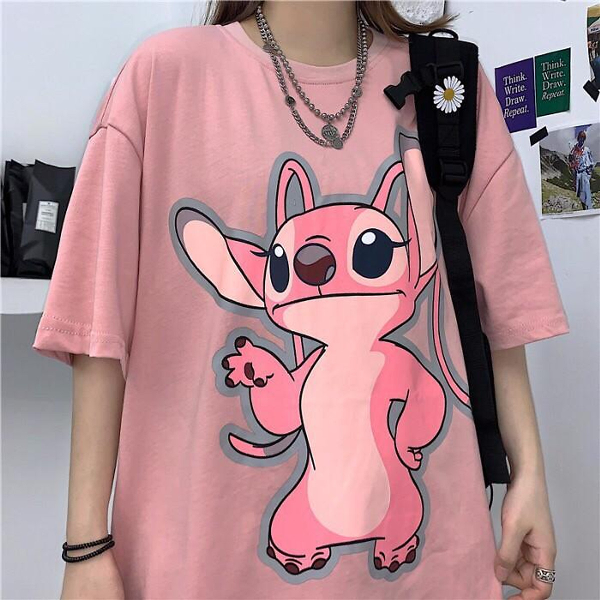 Áo thun nữ form rộng - Áo phông nữ form rộng Stitch Hồng