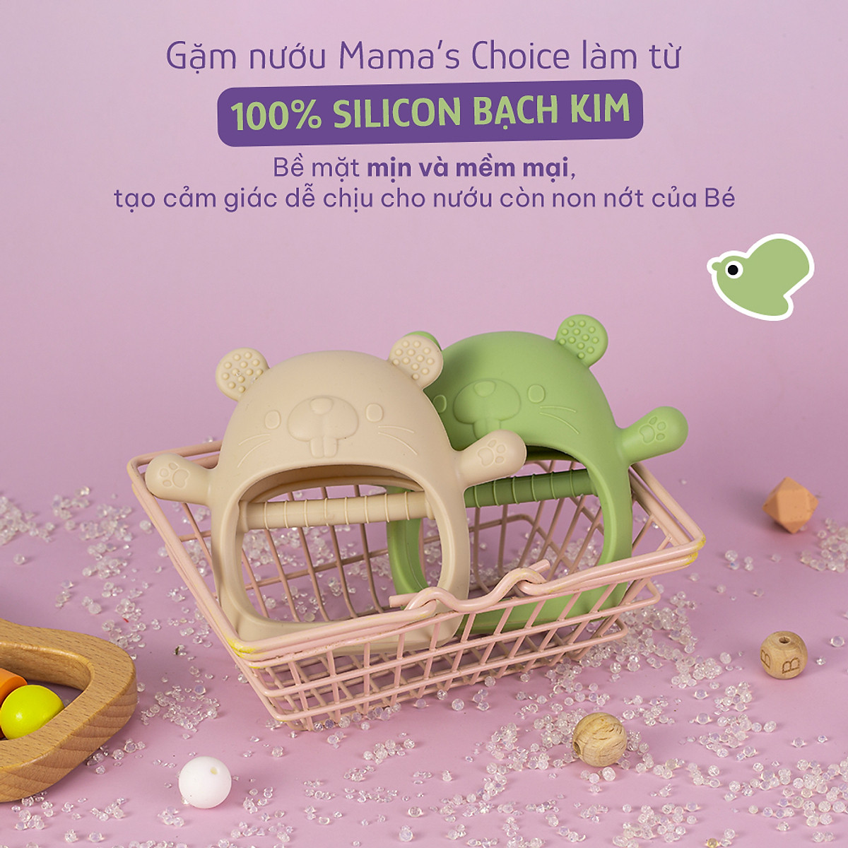 Gặm Nướu Mama's Choice Cao Cấp Cho Bé, Kiểm Định An Toàn Quốc Tế, Chất Liệu Silicone Bạch Kim, Có Hộp Bảo Quản