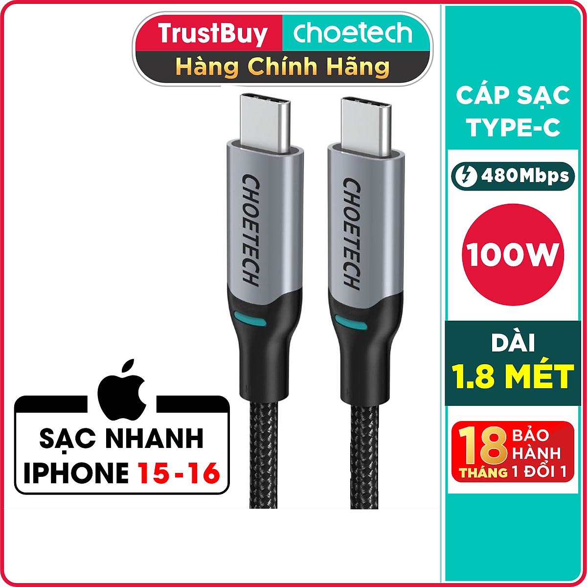 Dây Cáp Sạc Nhanh USB Type C to Type C 100W Dài 1.8M Chuyên Sạc Cho iPhone 15, iP16, Macbook, Laptop, Smartphone CHOETECH XCC-1002-GY - Hàng Chính Hãng