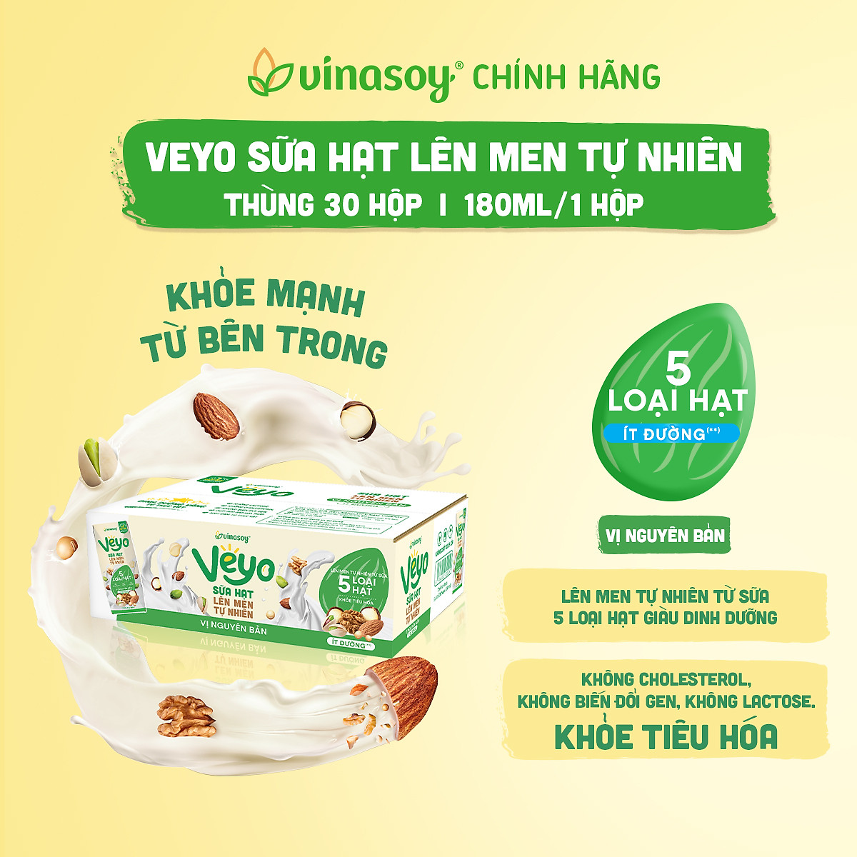 Thùng Sữa hạt Veyo lên men tự nhiên Vị Nguyên bản Ít đường (30hộp x 180ml)
