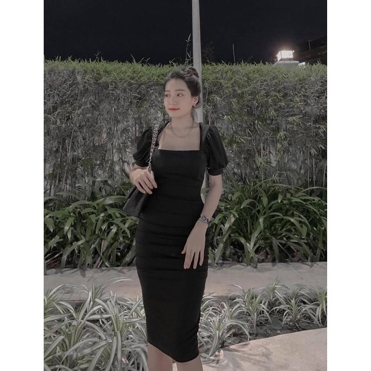 Đầm ôm body cổ vuông chân váy đen phối áo vàng dưa cải  C4451