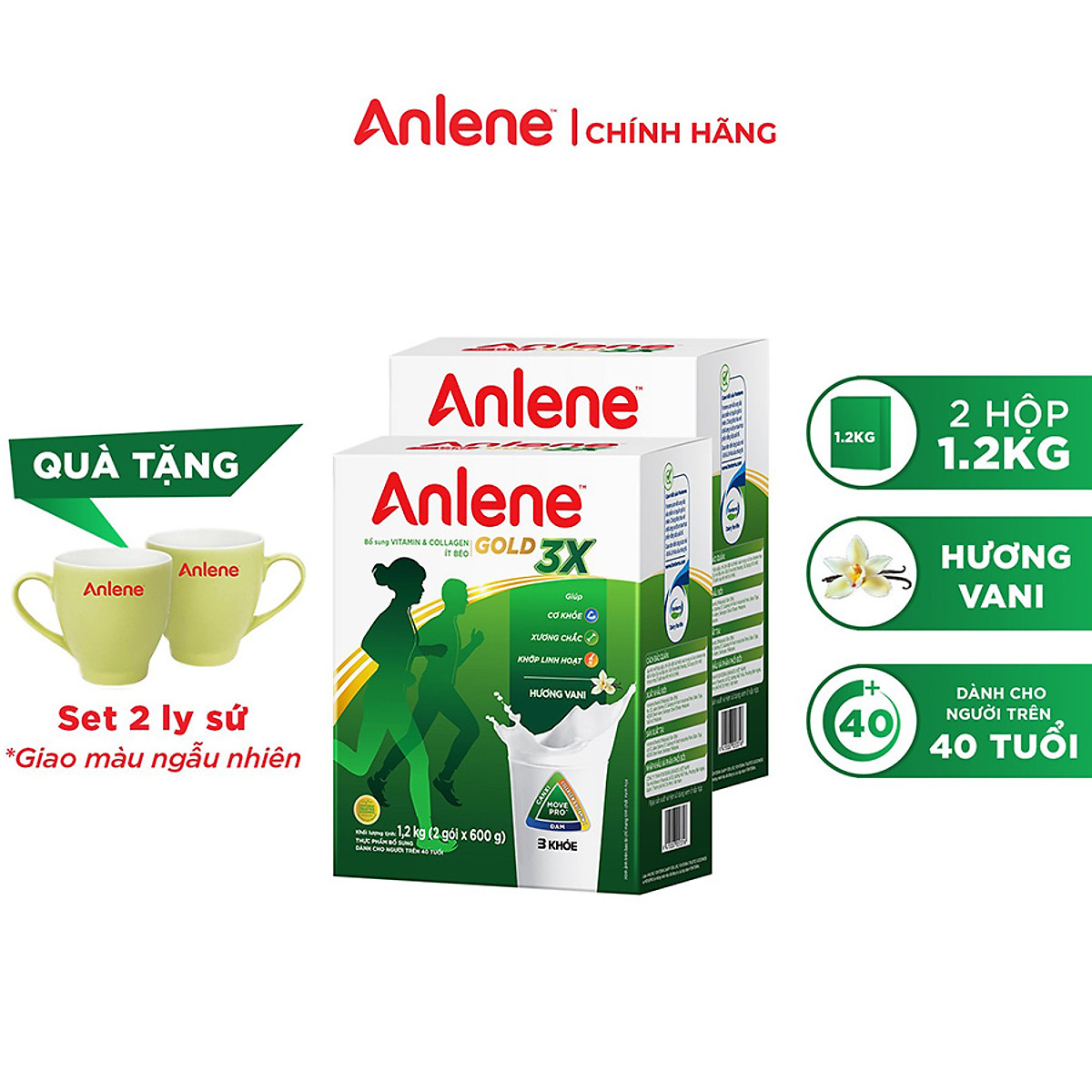 Combo 2 Sữa Bột Anlene Gold 3X Hương Vanilla (Hộp giấy 1200g) tặng set 2 ly sứ mẫu ngẫu nhiên