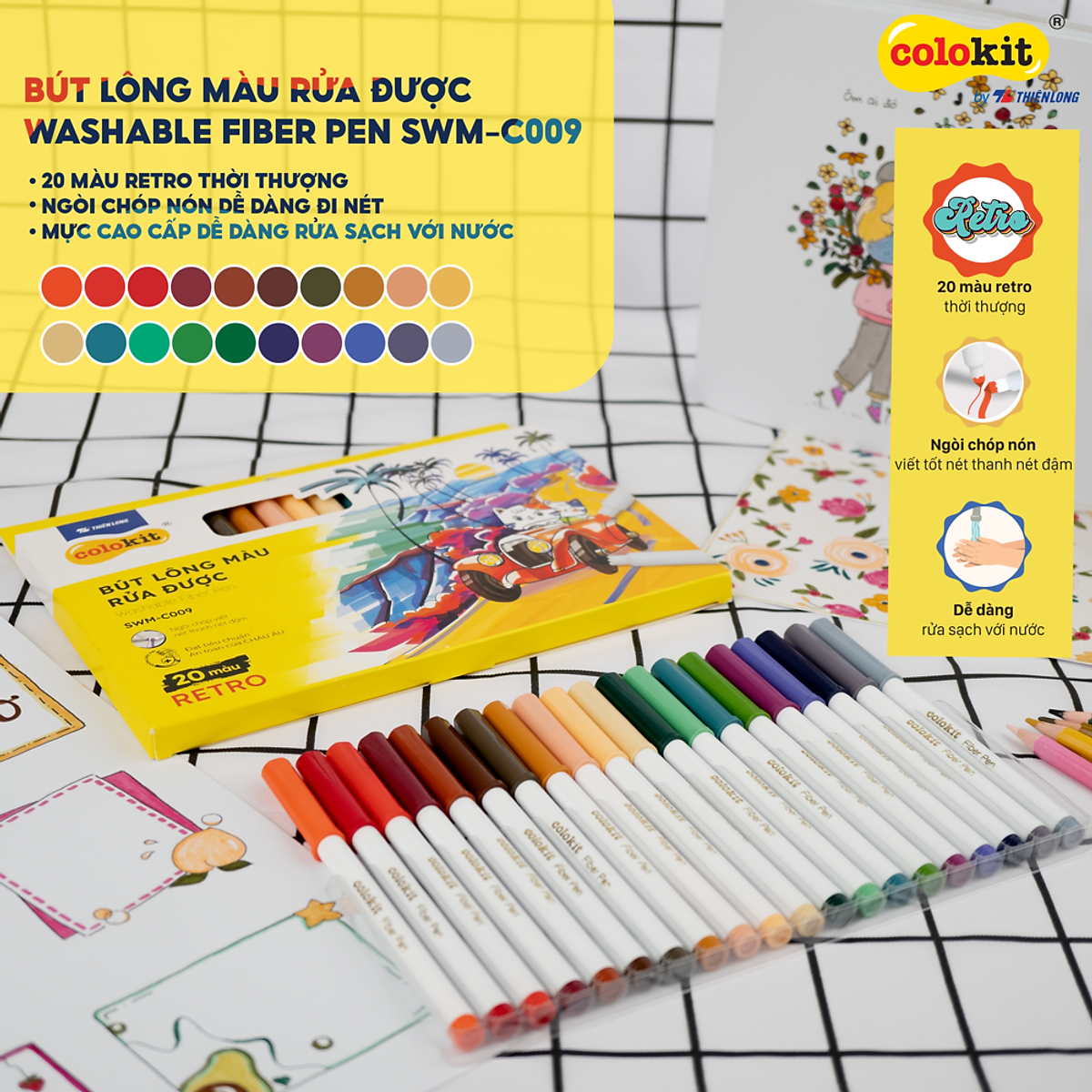 Bút lông màu Fiber Pen 20 màu Retro Thiên Long Colokit rửa được ngòi chóp viết nét thanh nét đậm SWM-C009