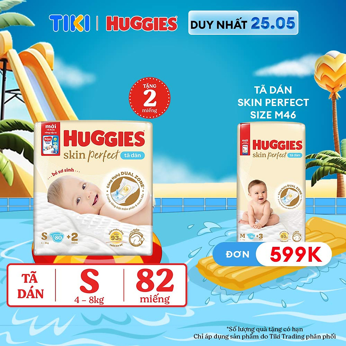 Tã/bỉm dán sơ sinh Huggies Skin Perfect S 80+2 miếng với 2 vùng thấm giảm kích ứng da