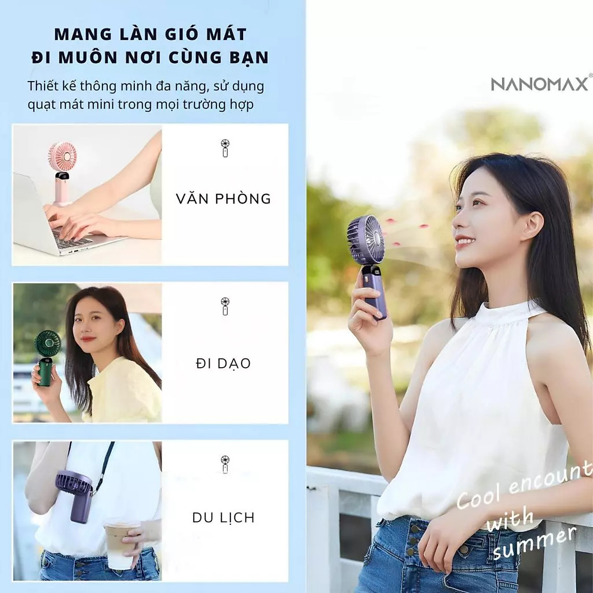 Quạt mini cầm tay TEKKIN pin khủng 10000 mah gấp gọn 5 cấp độ gió linh hoạt - hàng nhập khẩu