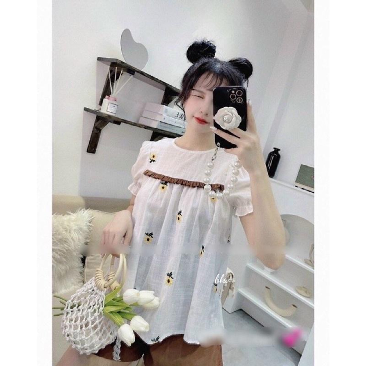 Set Áo Babydoll Hoa Thêu Kèm Quần Short Nâu