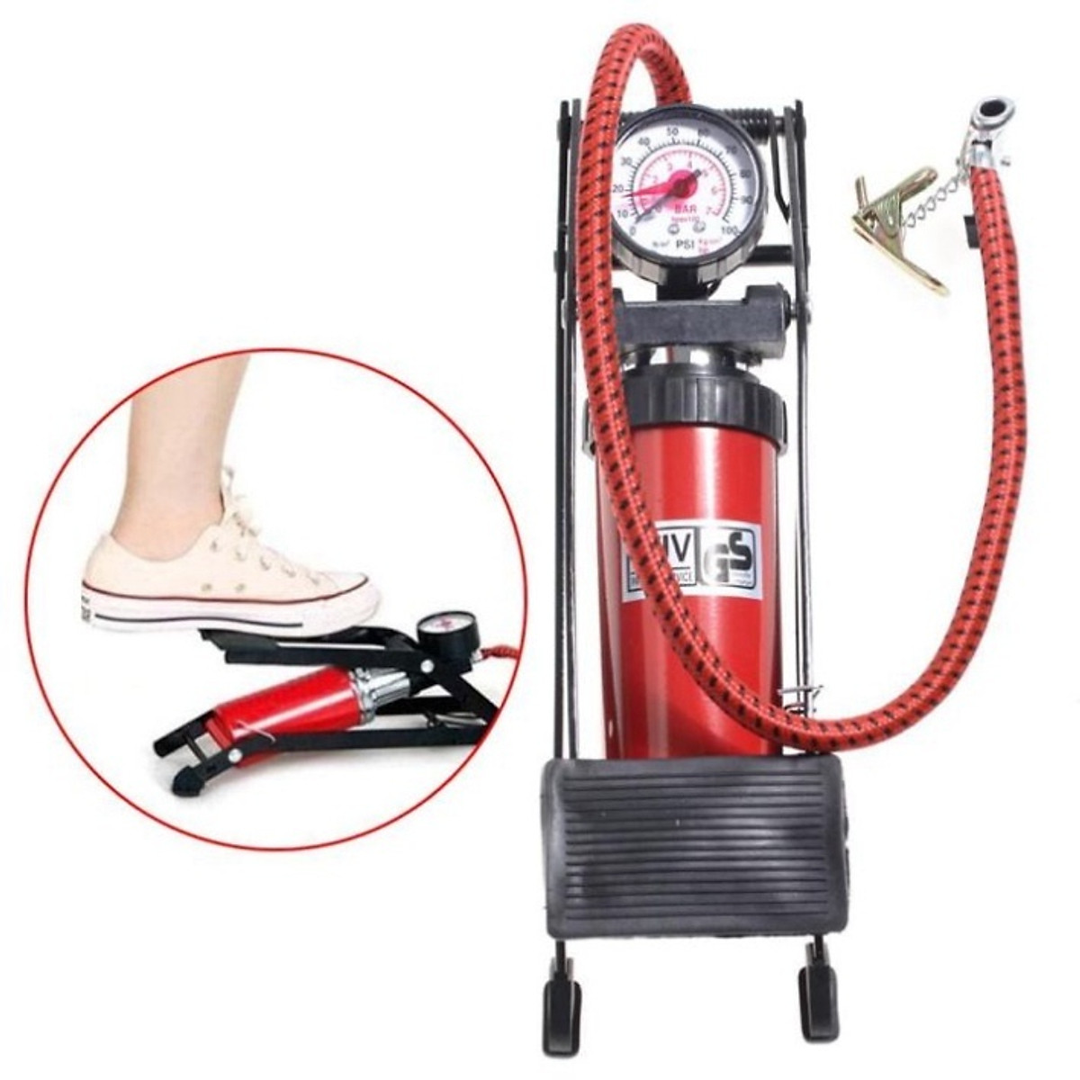 Bơm Đạp Chân Mini Xe Đạp Xe Máy Ô Tô Loại 1 Ống Và 2 Ống Piston Đa Năng
