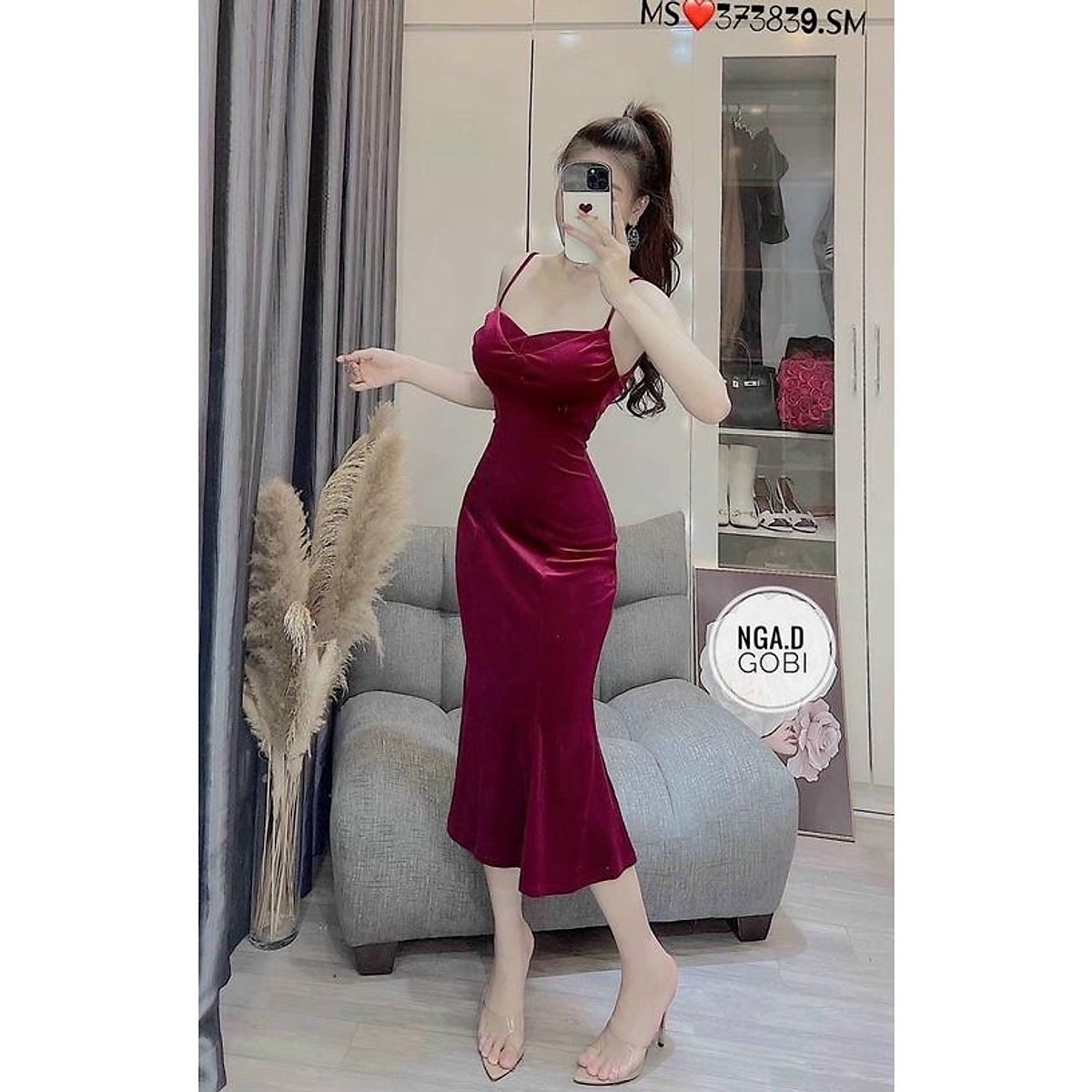 Đầm body nhung phối bèo kèm phụ kiện HN464