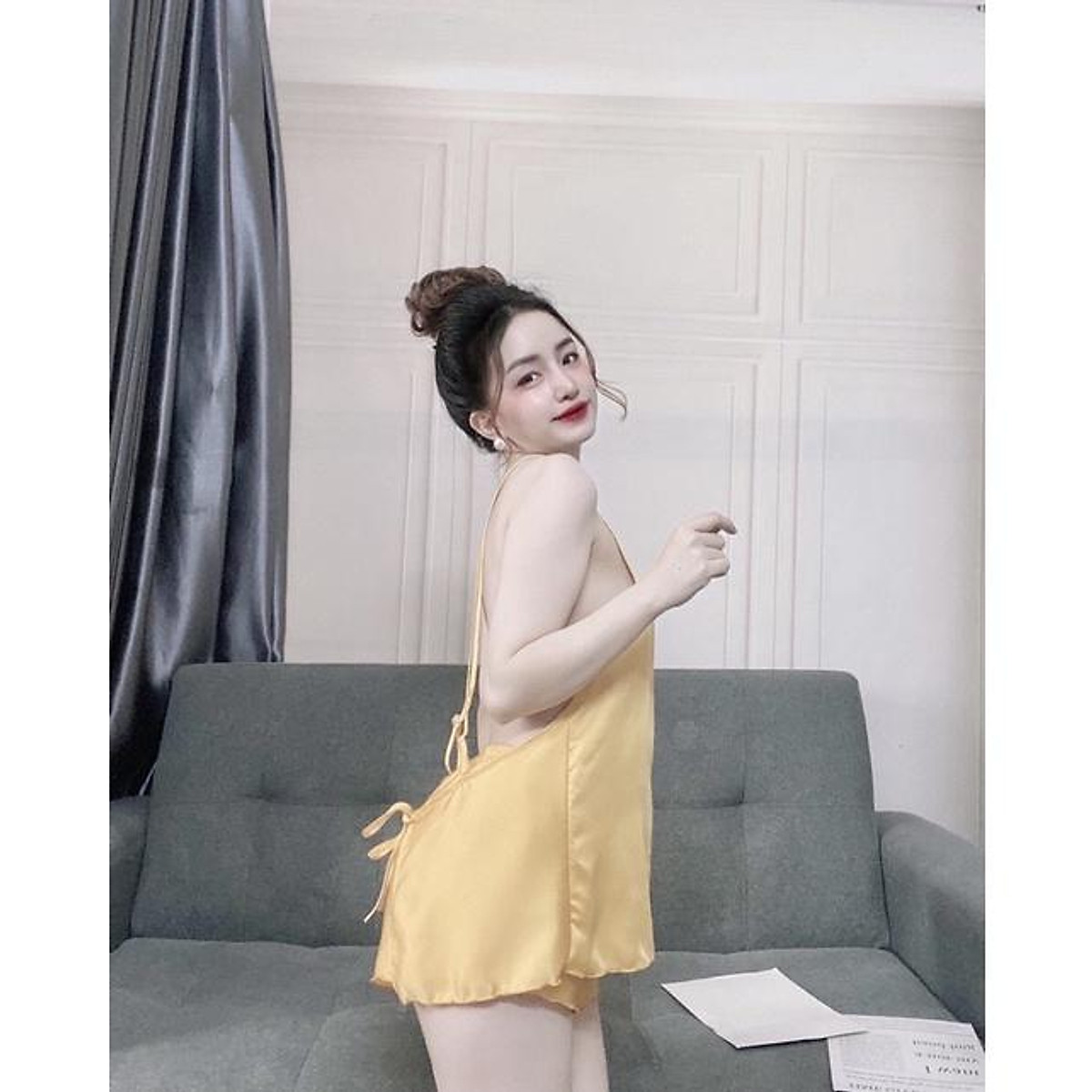 Đồ ngủ sexy gợi cảm, đồ ngủ mùa hè, sét yếm nữ dây chéo chất satin cao cấp mềm min mát có tăng đơ