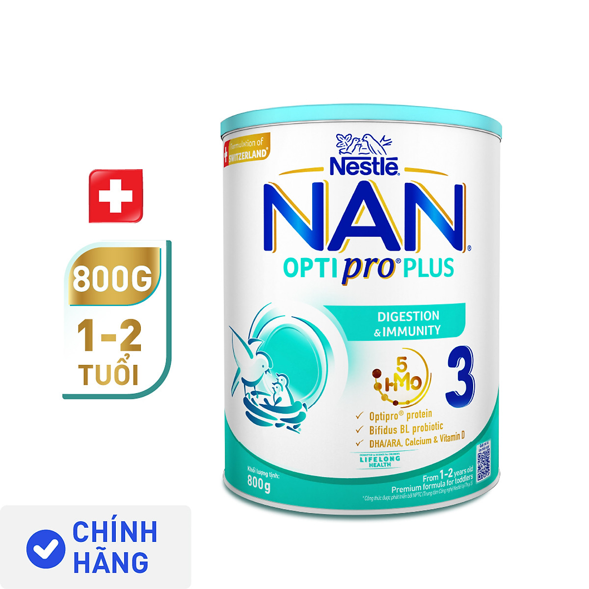Sữa Bột Nestlé NAN OPTIPRO PLUS 3 800g/lon với 5HMO - Hỗ trợ Tiêu Hóa, Đề Kháng, Trí Não & Chiều Cao - Bé 1-2 tuổi