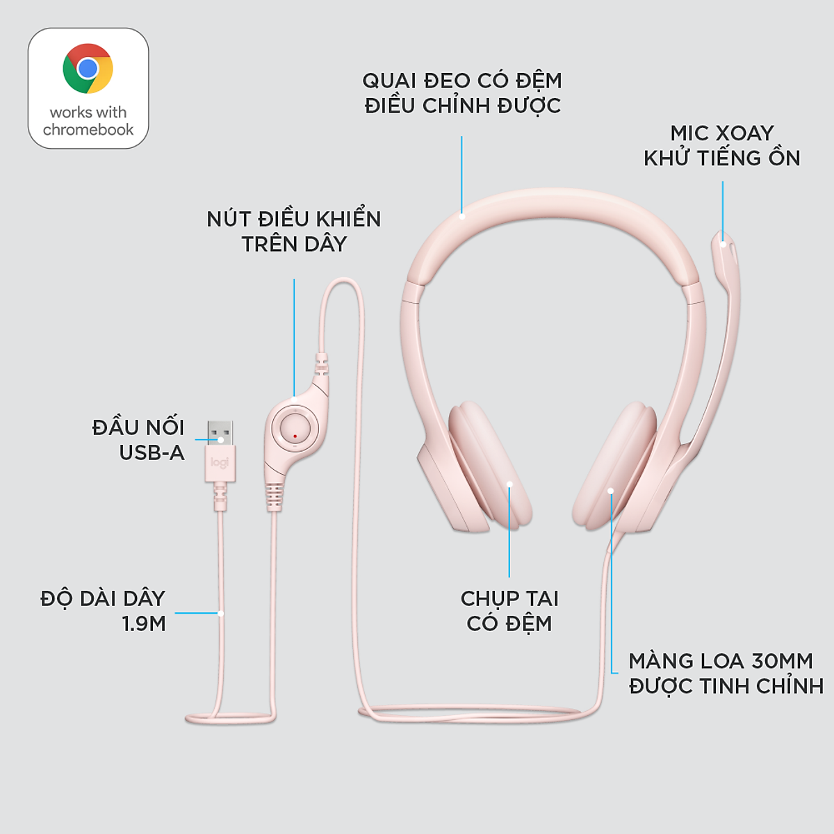 Tai nghe có dây Logitech H390 dành cho PC, Laptop, âm thanh nổi với Micrô khử tiếng ồn, USB-A, các nút điều khiển trên dây - Hàng chính hãng