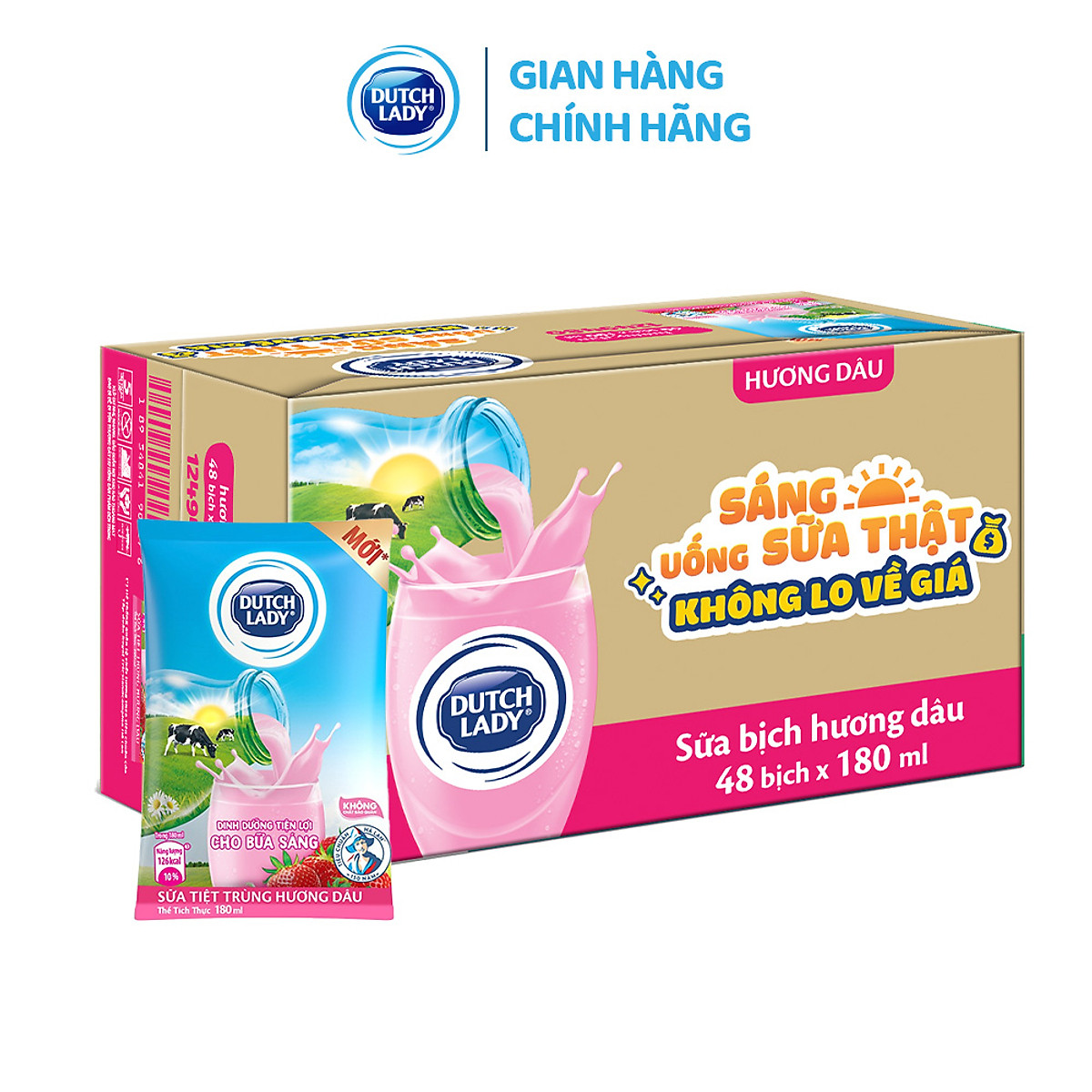 Thùng 48 Bịch Sữa Tiệt Trùng Dutch Lady Cô Gái Hà Lan Hương Dâu 180ml