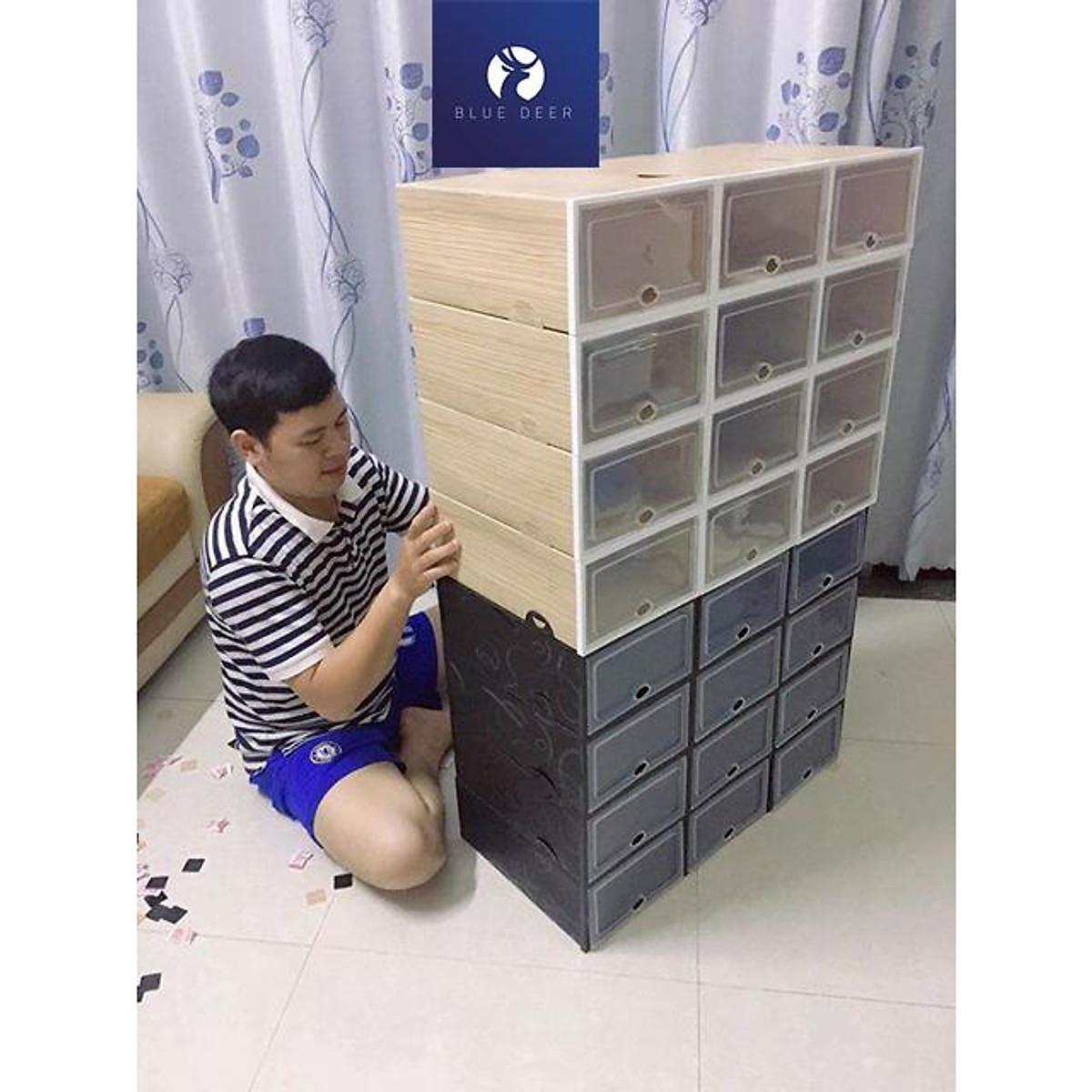 Hộp đựng giày Nắp nhựa cứng trong suốt Size Nam - Tặng Túi Hút Ẩm - Blue Deer