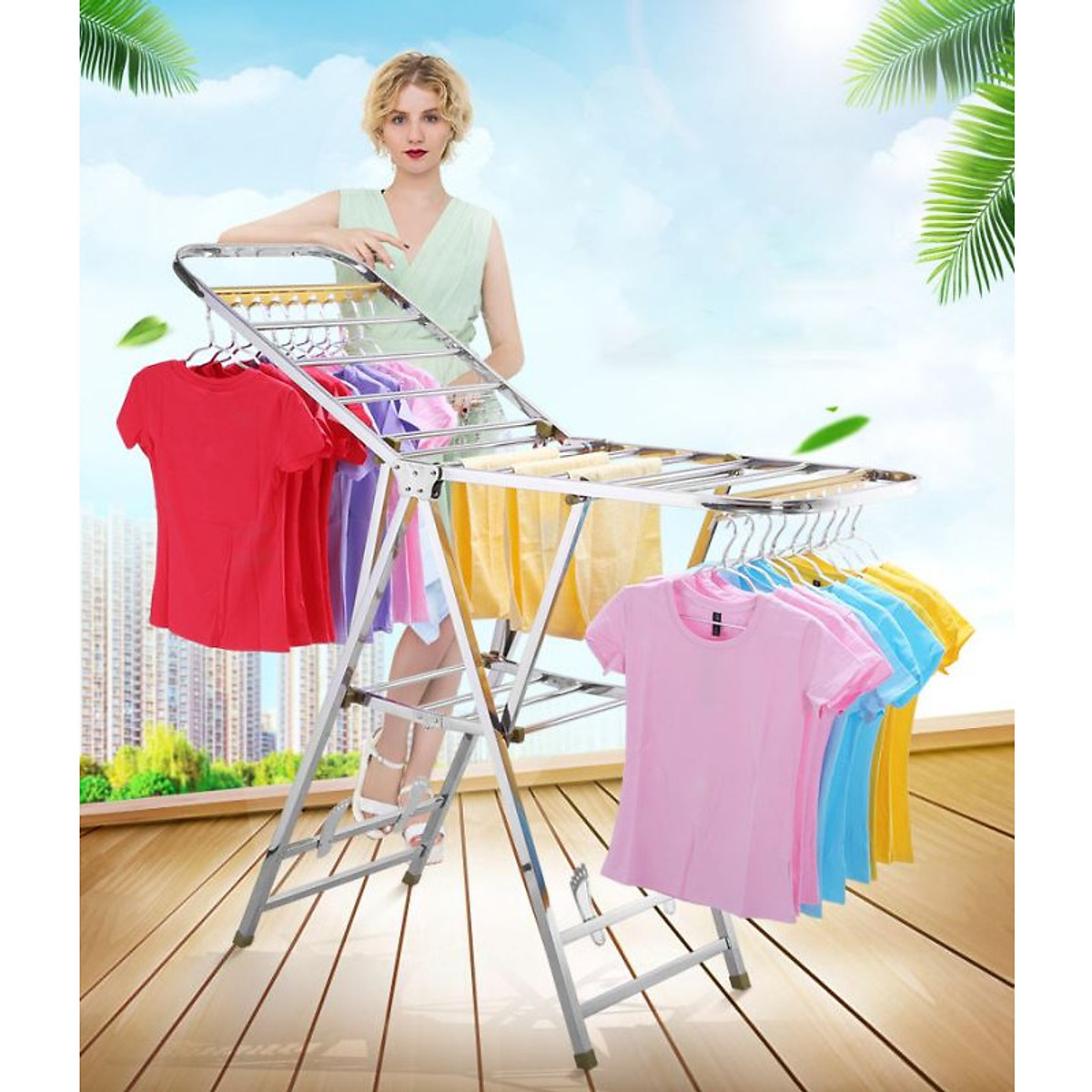 Giàn phơi để sàn - Giá phơi đồ có kệ phơi giày, vớ - NKT815B
