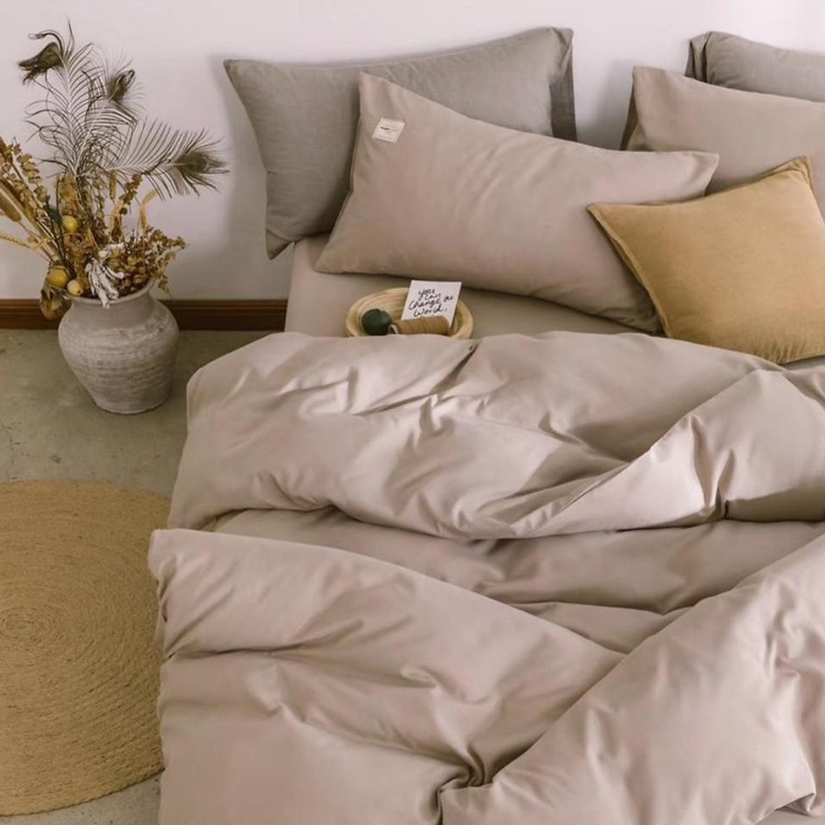 Bộ Chăn Ga Gối Cotton Tici LIDACO Cao Cấp - Màu Be