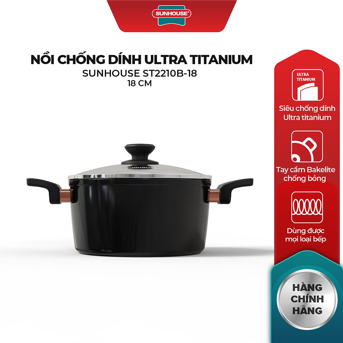 Nồi chống dính Ultra titanium Sunhouse - Dùng cho mọi loại bếp - Hàng chính hãng