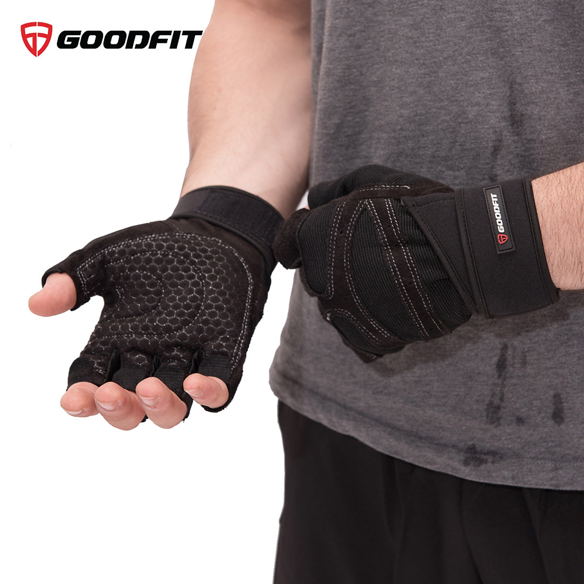 Găng tay tập gym nữ/nam hở ngón, bao tay tập Gym nữ/nam có quấn trợ lực cổ tay, đệm Silicone chống trượt GoodFit GF201G