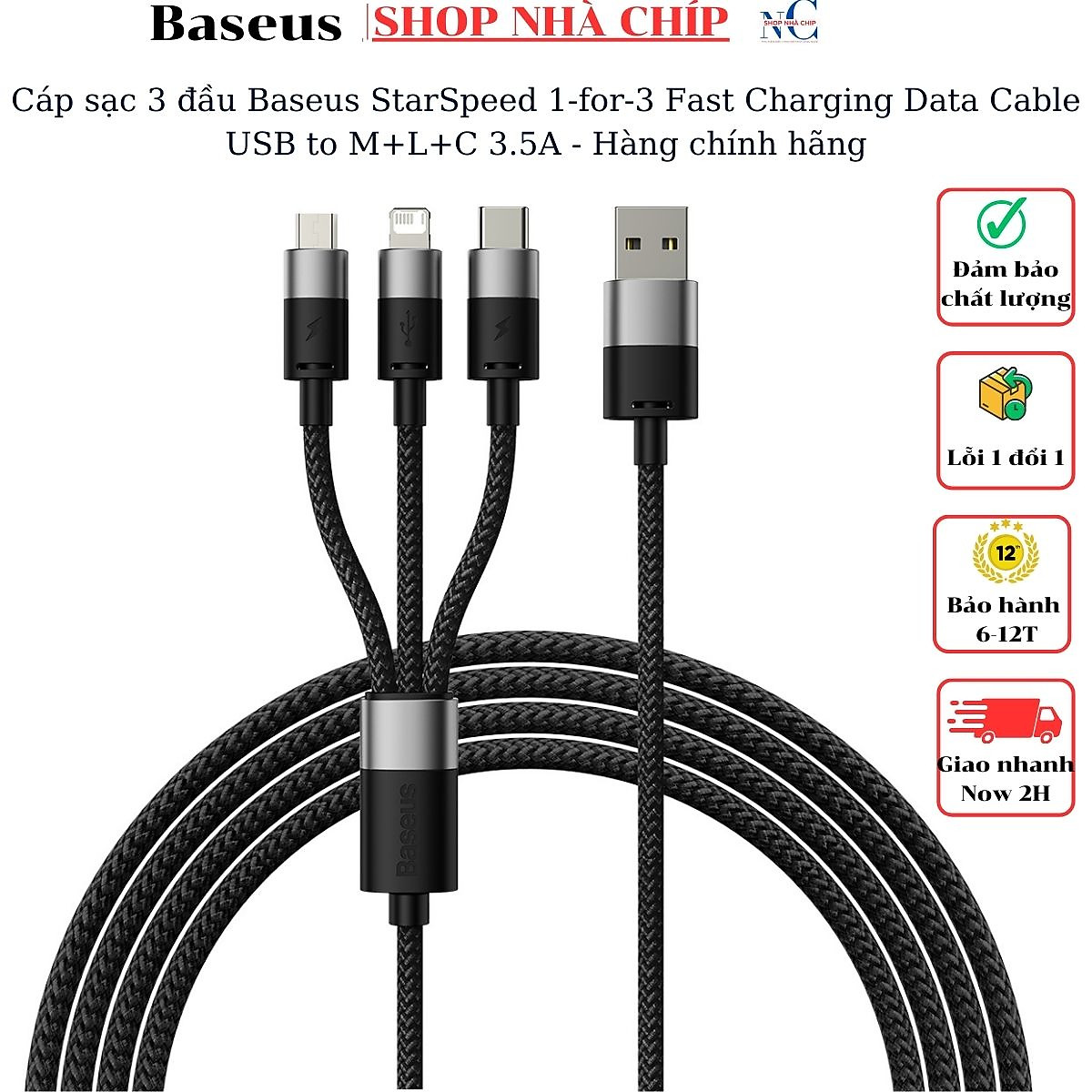 Cáp sạc 3 đầu Baseus StarSpeed 1 for 3 Fast Charging Data Cable USB to M+L+C 3.5A - Hàng chính hãng