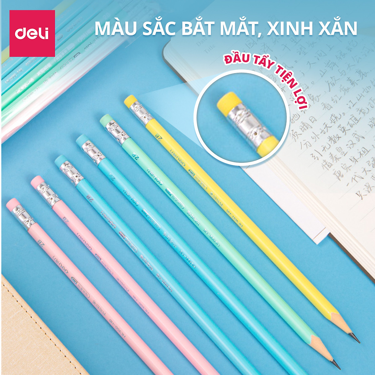Bút Chì Gỗ 2B Deli Kèm Đầu Tẩy Màu Pastel - Chì Đậm An Toàn Nhạy Với Máy Chấm Thi Phù Hợp Học Sinh Văn Phòng Luyện Chữ