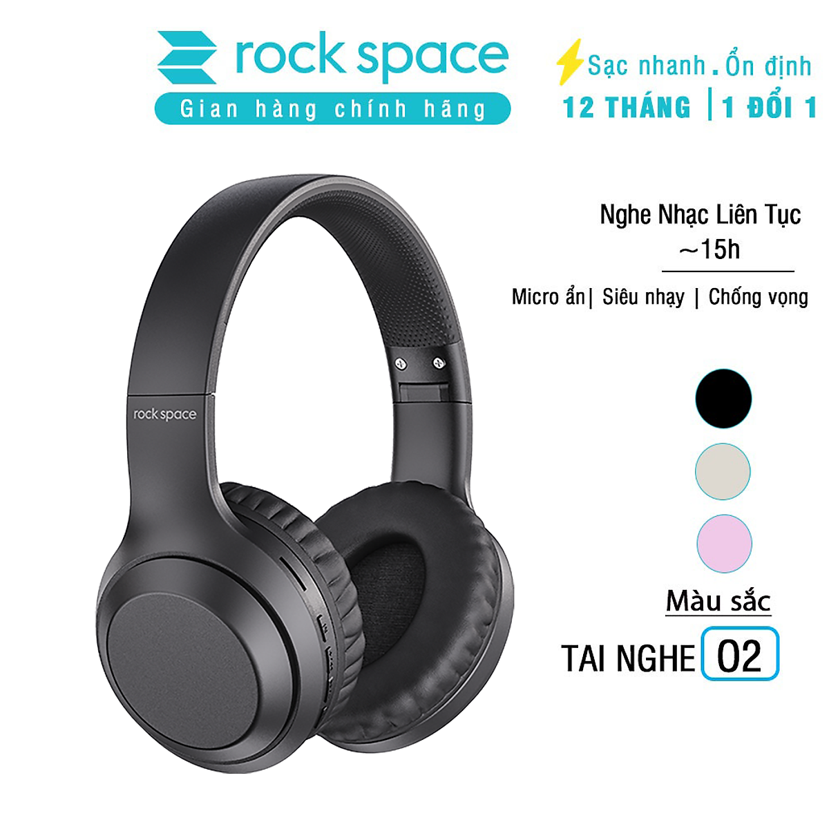 Headphone Tai Nghe Chụp Tai bluetooth Rockspace O2 kết nối không dây có mic nghe nhạc liên tục 15h - Hàng chính hãng bảo hành 12 tháng