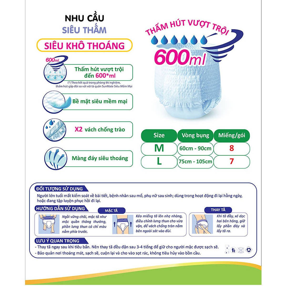Combo 2 Tã quần SunMate siêu mềm mại G1 mới size L-16+2 miếng