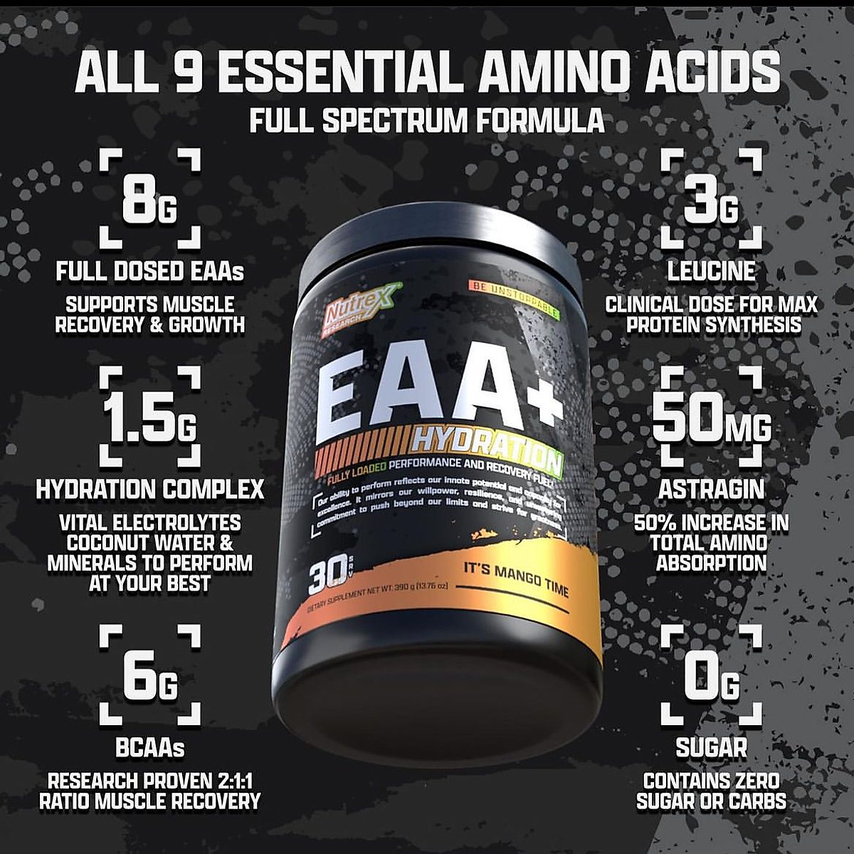Nutrex EAA+ Hydration, Phục Hồi & Xây Dựng Cơ Bắp, Sức Mạnh, Sức Bền, Bổ Sung 8G Amino Axit Thiết Yếu + BCAA + 1.5G Chất Điện Giải, 30 Lần Dùng