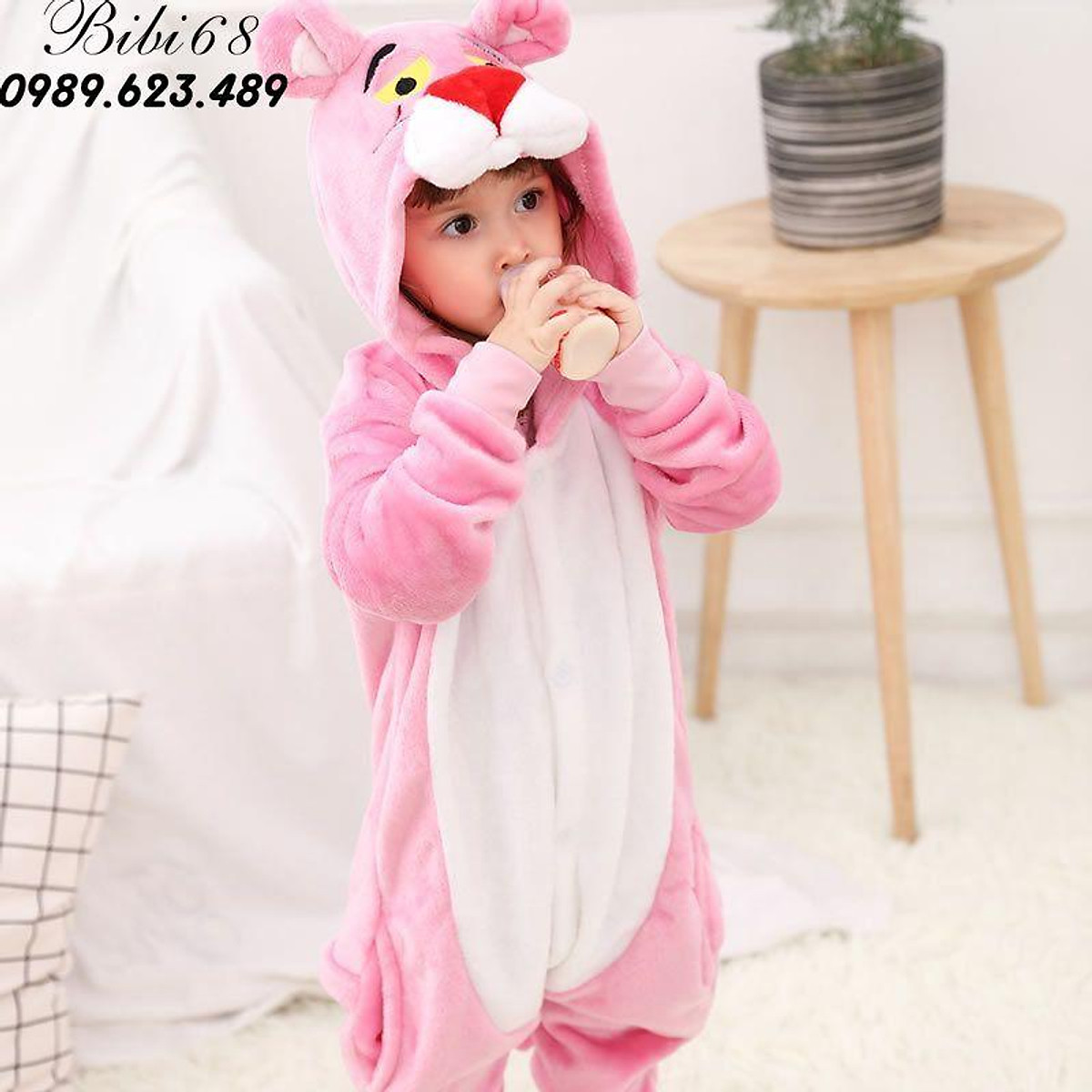 Bộ Đồ hình thú báo hồng liền thân lông mịn Pijama Cho Người Lớn và Trẻ