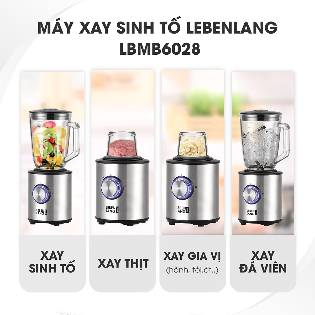 Máy xay sinh tố LEBENLANG gồm 2 cối xay tích hợp bình chứa dung tích 1,5l, công suất 800W, model LBMB6028 - hàng chính hãng