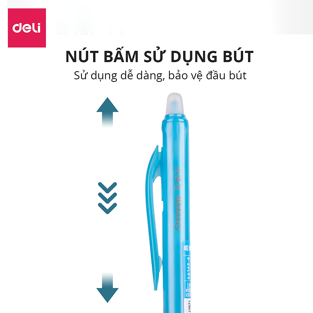 Bút Bi Gel Bấm Bút Mực Xóa Được Văn Phòng Deli Ngòi 0.5mm Học Sinh, Mực Đều Nét Chữ Đẹp - Xanh/Đen - 1 chiếc