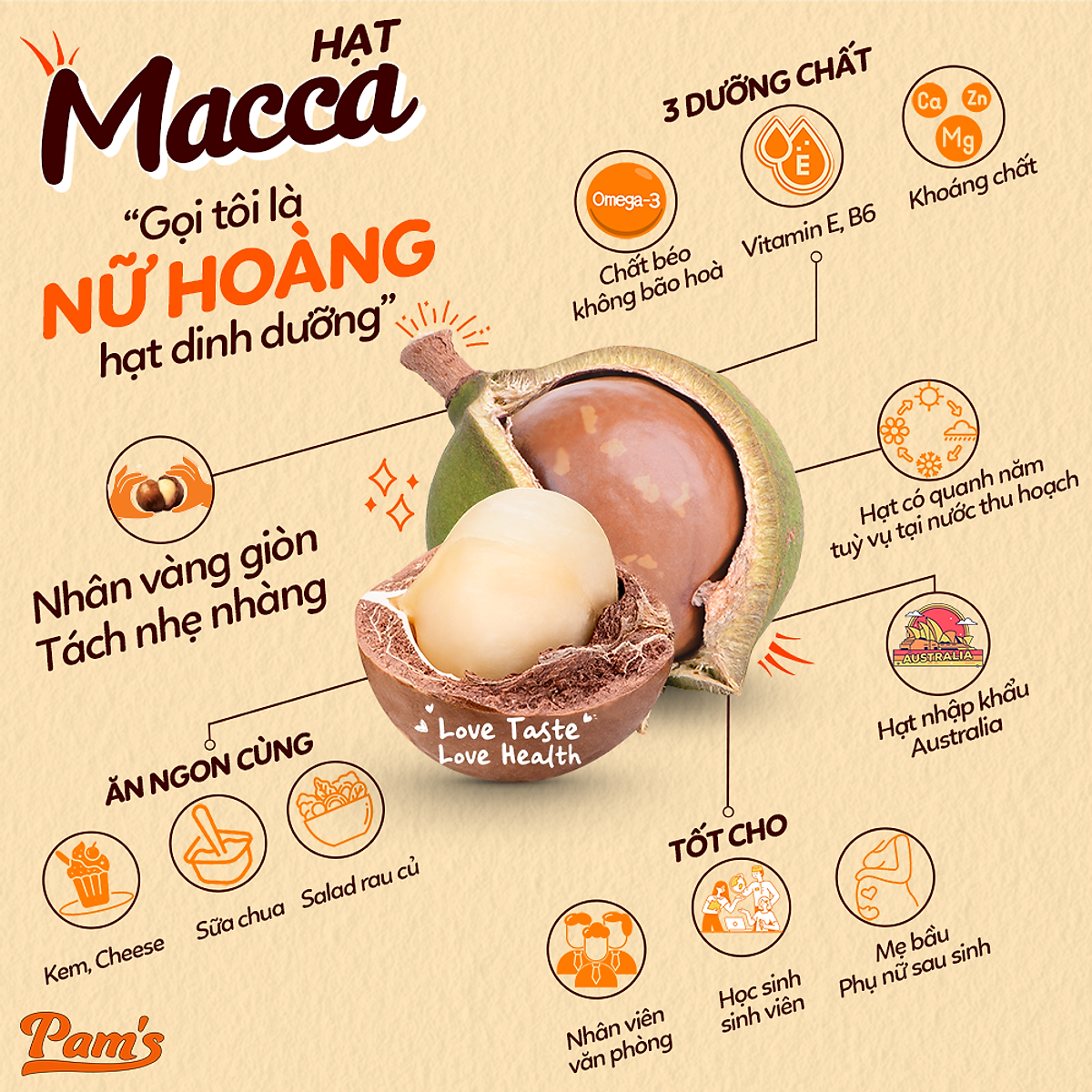 Hạt Macca Úc Nứt Vỏ Pams [Tặng kèm khui hạt] Macca Hữu Cơ Nhập Khẩu Úc, Hạt A Size 25-28