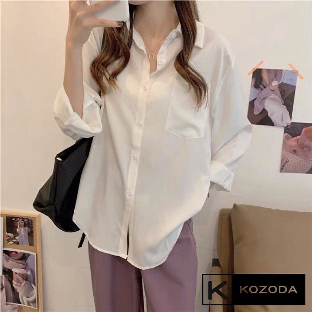 áo sơ mi nữ form rộng tay dài kiểu hàn, áo sơ mi nữ trắng 1 túi basic Áo Sơ Mi Nữ Form Rộng Tay Dài Kiểu Hàn, Áo Sơ Mi Nữ Trắng 1 Túi Basic