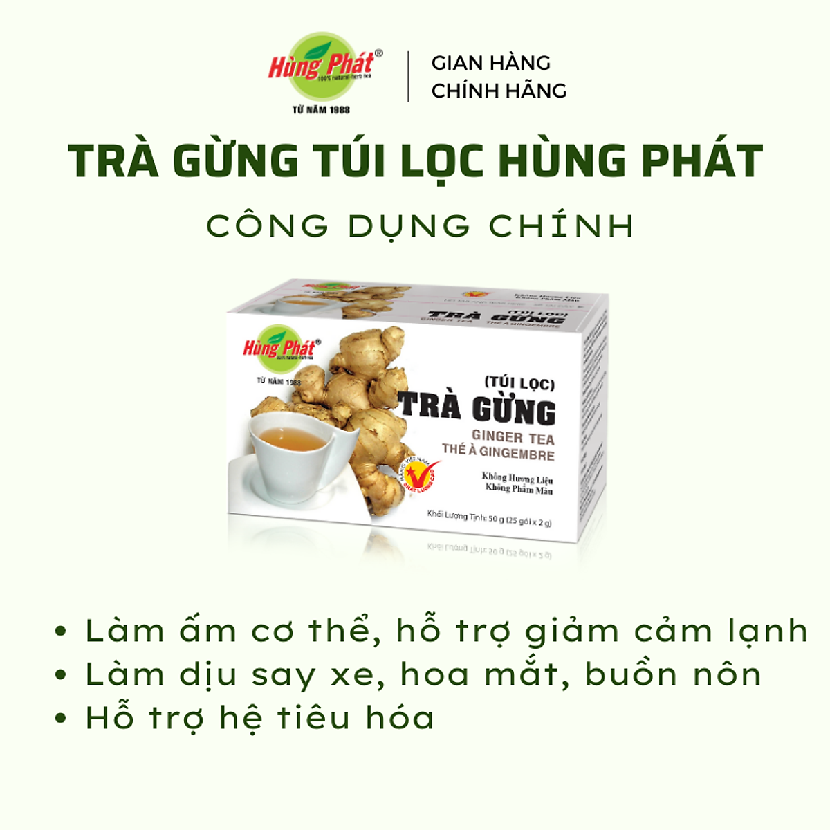 Trà Gừng Túi Lọc Tiện Lợi Làm Ấm Cơ Thể Hỗ Trợ Tiêu Hóa Hộp 25 Gói - Trà Hùng Phát