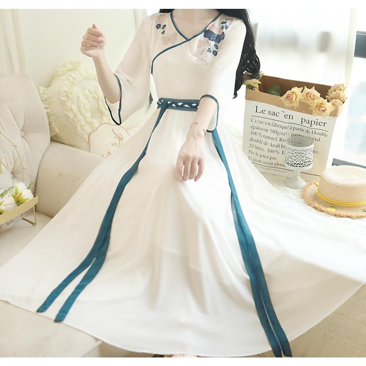 Đầm Hán phục cách tân tay chiết ngực voan dài hạt nổi Sườn Xám Việt Nam #30 Đầm Hán phục cách tân tay chiết ngực voan dài hạt nổi Sườn Xám Việt Nam