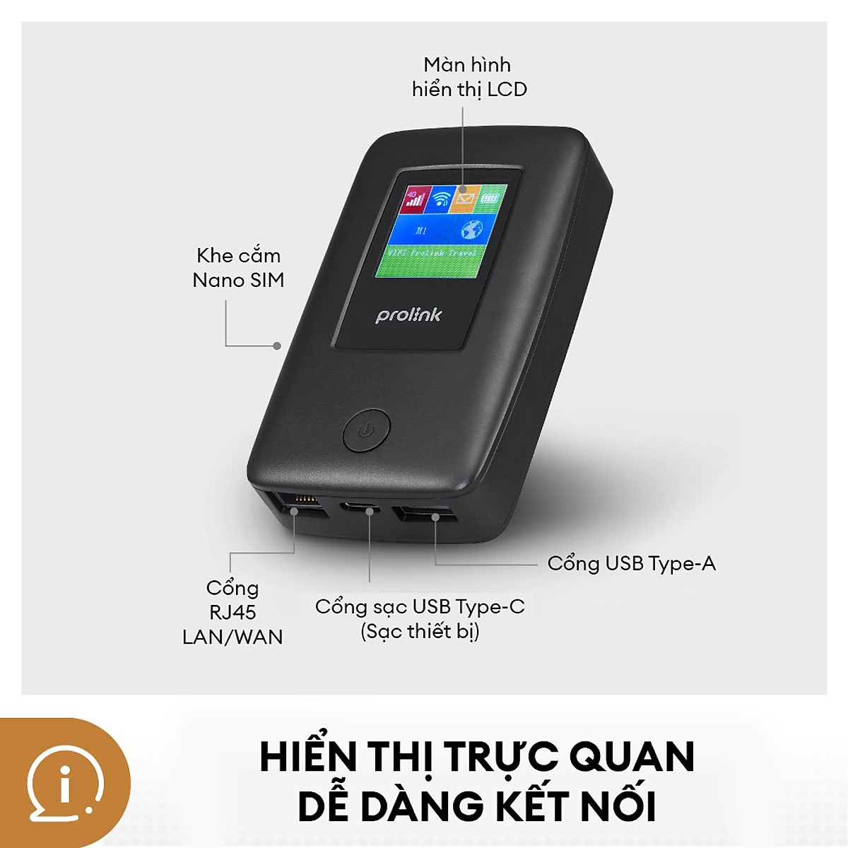 Bộ phát Wifi di động PROLiNK DL7203E, SIM 4G LTE 150Mbps, pin 5200mAH, màn hình 1.44", cổng RJ45, USB 2.0, microSD - Hàng chính hãng