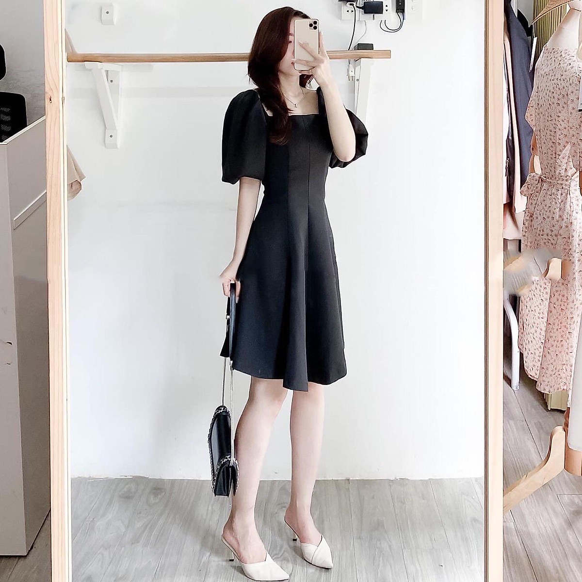 HNCmua  Váy Zara Vải Pha Linen Cổ Vuông Tay Bồng  Màu Đen