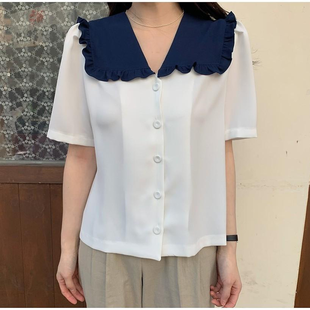 Áo sơ mi nữ ngắn tay cổ bèo búp bê tiểu thư ulzzang - Áo sơ mi nữ Áo Sơ Mi Nữ Ngắn Tay Cổ Bèo Búp Bê Tiểu Thư Ulzzang - Áo Sơ Mi Nữ