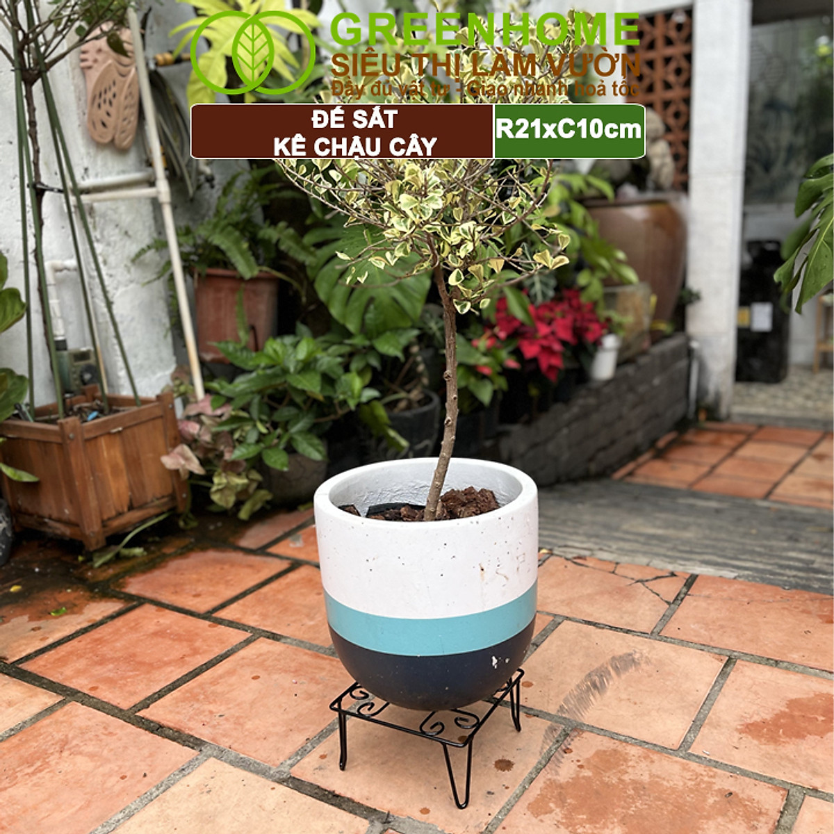 Đế Kê Chậu Cây Greenhome, R21xc10cm, Bằng Sắt Sơn Tĩnh Điện, Màu Đen, Uốn Mỹ Nghệ, Bền, Đẹp, Nhiều Hình Dạng Lựa Chọn