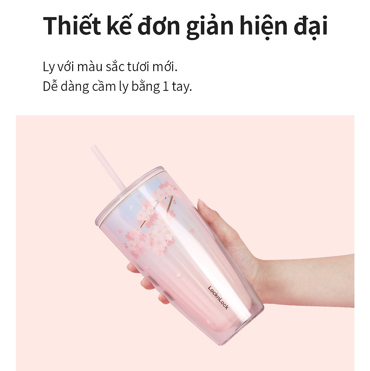 Ly nhựa 2 lớp Cherry Blossom Double wall Cold Cup LocknLock HAP522 - Kèm ống hút - Dung tích 750ml