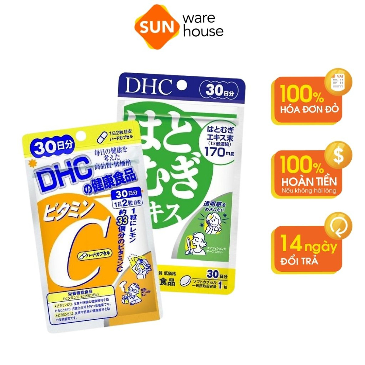 Combo Viên Uống DHC Vitamin C Và Adlay Extract Giúp Giảm Thâm Mụn, Dưỡng Da Trắng Hồng Căng Mịn 30 Ngày