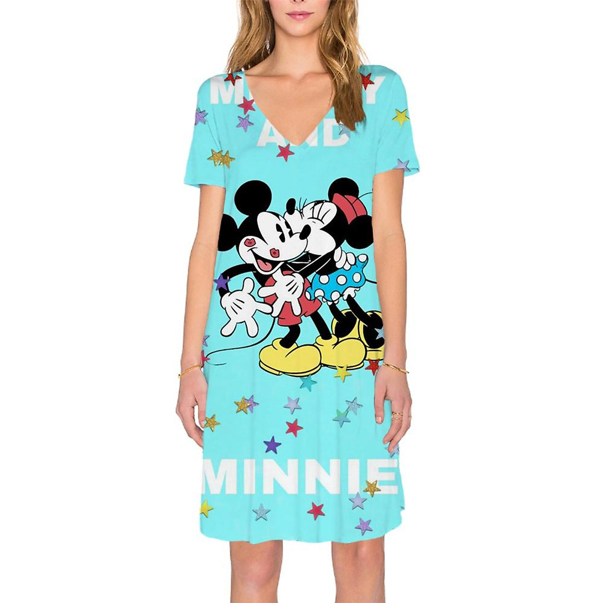 Mùa Hè 2023 Nữ Disney Chuột Mickey In Hình Đầm Cổ Chữ V Dài Tới Đầu