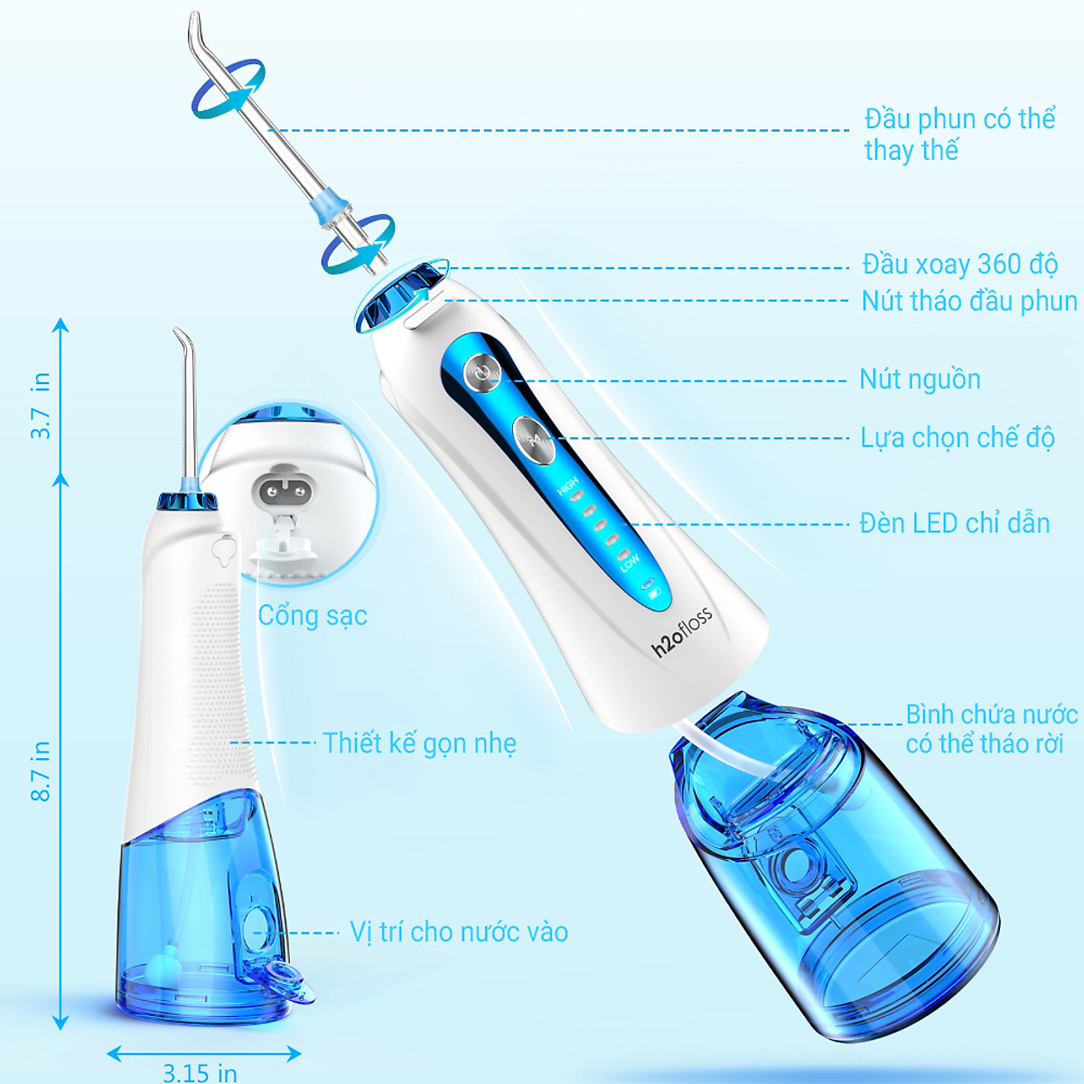 Máy Tăm Nước Cầm Tay H2OFloss HF-9P Làm Sạch Răng - Hàng Chính Hãng