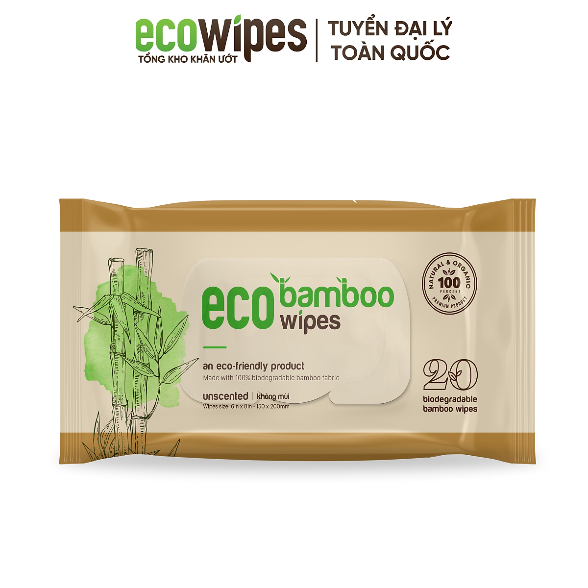 Khăn giấy ướt cao cấp EcoWipes vải sợi tre sinh thái Bamboo không mùi có thể phân hủy trong môi trường