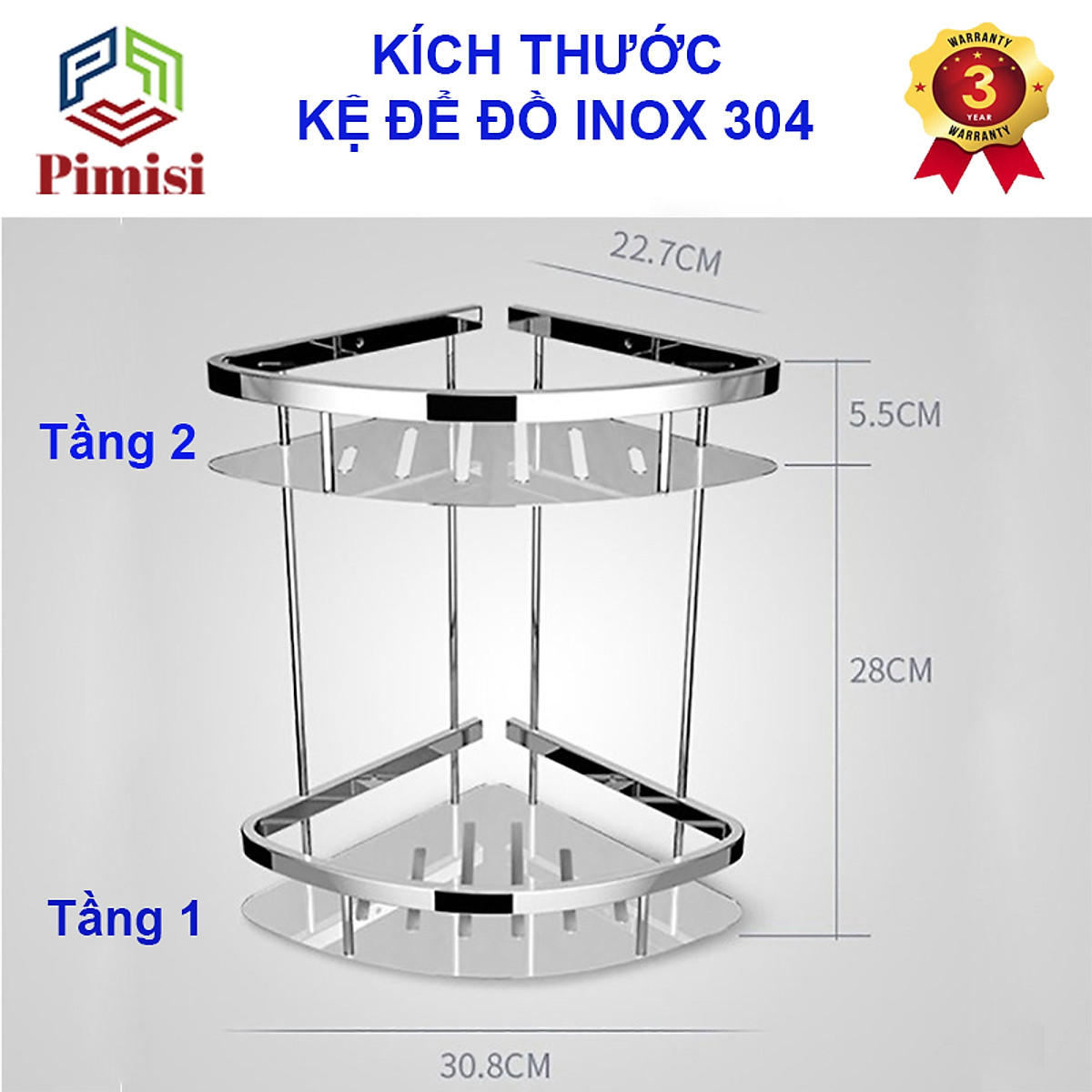 Kệ Góc Nhà Tắm Để Đồ Trong Phòng Vệ Sinh Pimisi Inox 304 Hình Tam Giác Đựng Đồ Trong Phòng Tắm Hoặc Kệ Nhà Bếp 1 - 2 Tầng Sáng Bóng Dễ Vệ Sinh, Gắn Tường Bằng Khoan Vít Đinh Chắc Chắn | Hàng chính hãng
