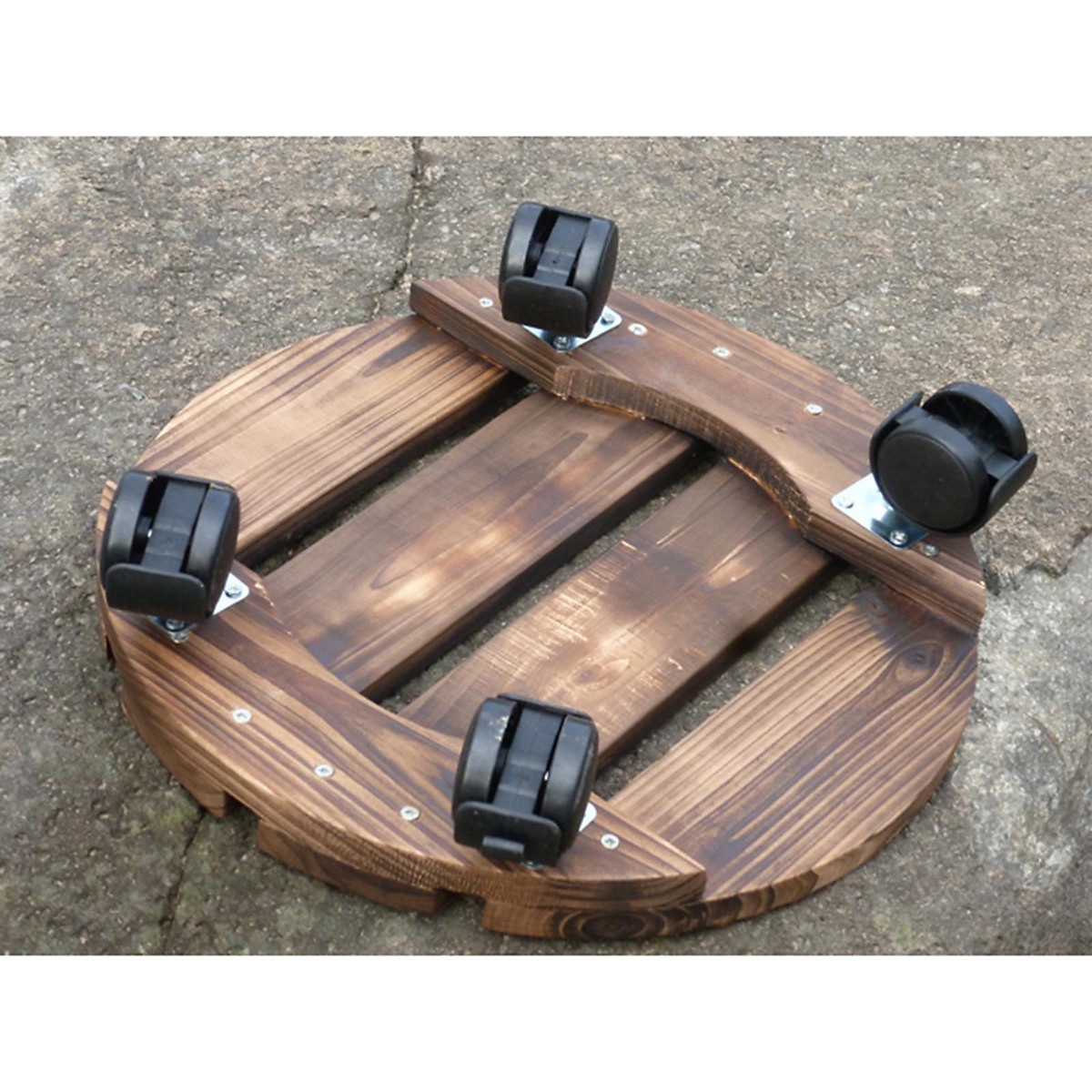 Round Wheeled Wooden Planter Caddy Movable Plant Flower Pot Stand with